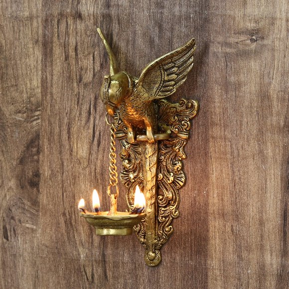 Decorative Handcrafted Brass Bird Wall Hanging With Diya For 5 Wicks, Golden & Brown