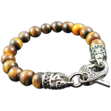 Men's Genuine Tiger's Eye Stainless Steel Bead Bracelet with Black CZ