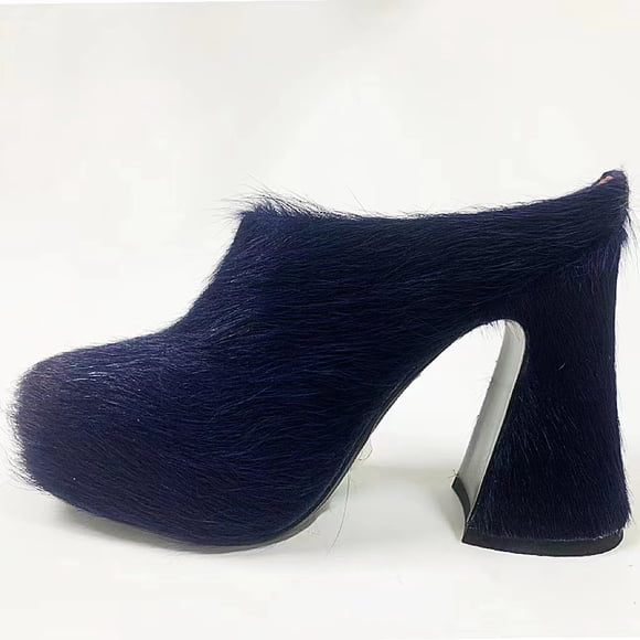 2024 Deluxe Designer Hot Sale Women's Horsehair Fur High Heels Italy Elegant Fashion Real Leather Round Furry Mules Shoes