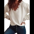 thumbnail image 1 of Suéter de Larga para Mujer, Cuello en V con Encaje, Blusas Casuales, Holgadas, Ropa Básica para Otoño e Invierno M, 1 of 10