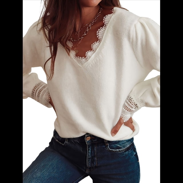 Suéter de Larga para Mujer, Cuello en V con Encaje, Blusas Casuales, Holgadas, Ropa Básica para Otoño e Invierno M