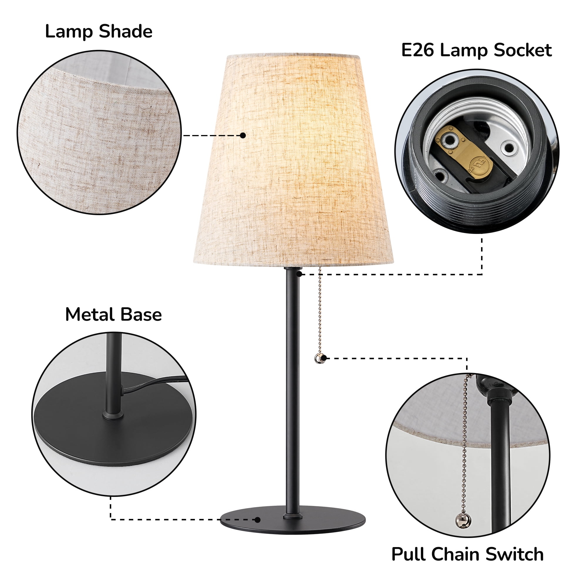 EDISHINE Table Lamps Set of 2 for Living Room Bedroom Pull Chain Switch