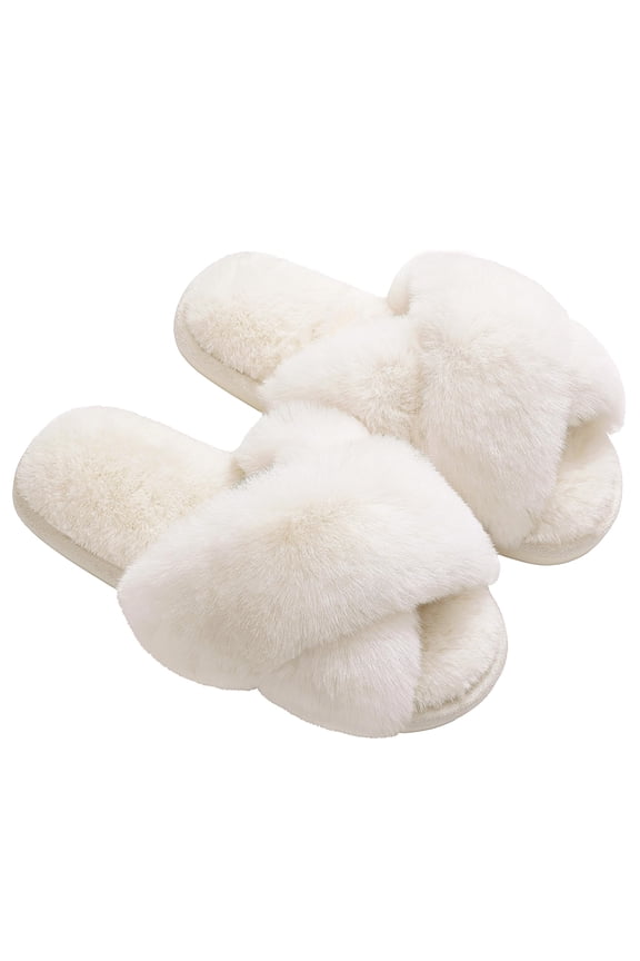 Women's Fuzzy Slippers Open Toe Cross Band Slippers Memory Foam House Slippers for Women, White