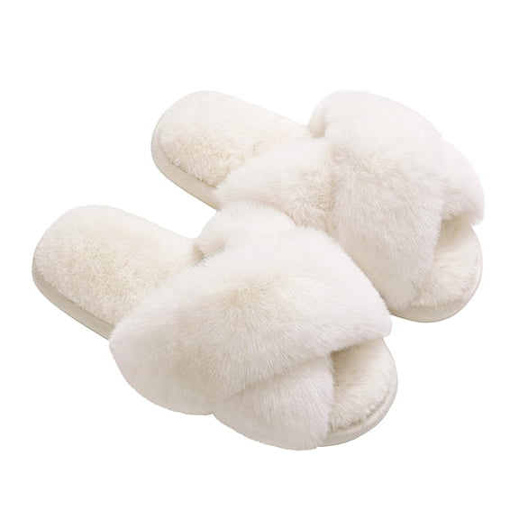 Comwarm Women's Fuzzy Slippers Open Toe Cross Band Slippers Memory Foam House Slippers for Women, White