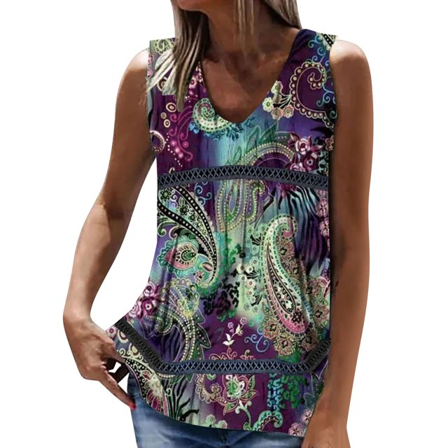 Gibobby Camiseta sin mangas con cuello en V y estampado de flores con costuras de encaje de verano para mujer(Morado,G)