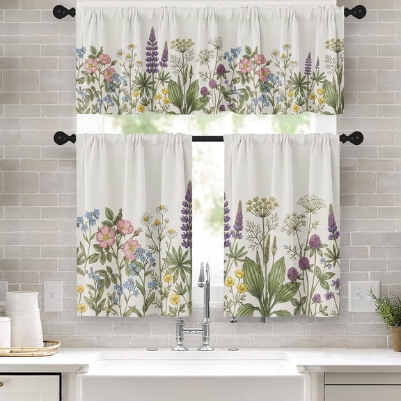 Window Valance for Windows, Floral 52x39 Inch, 3 Pack, | Flower Vintage Plant Herbs Rod Pocket Cafe Curtain Drapes for Living Room Bedroom Bathroom Kitchen Over Sink Decor