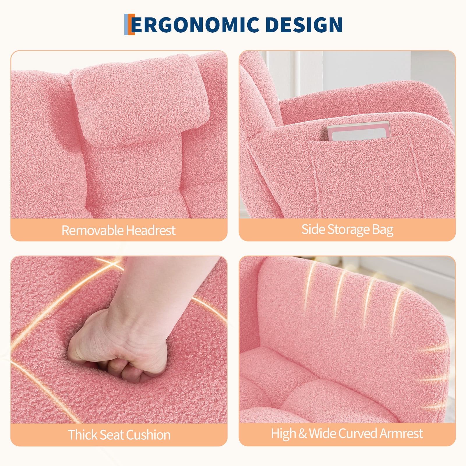 Cozy Upholstered Rocking Chair, Modern Glider Design for Nursery or Living Room, Comfortable High-Back Seat with Neck Pillow Support, Durable Metal Frame and Wooden Rockers, Pink