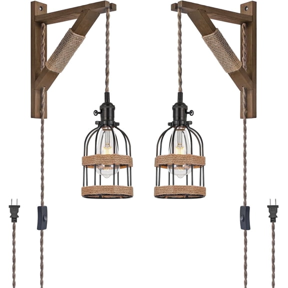 KEESFU Farmhouse Plug-in Wall Sconce Set of 2, Adjustable Rope Cage Light with Wood Bracket, Black Metal Hanging Fixture for Bedroom Living Room Hallway