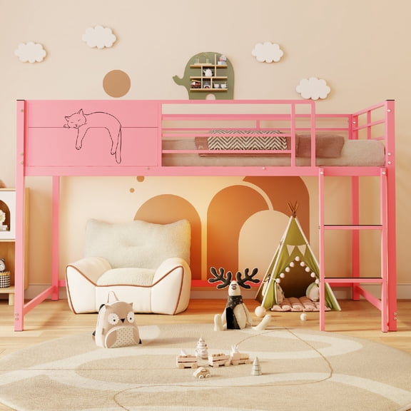 Twin Size Low Loft Bed Frame with Safety Guardrail and Ladder, Metal Low Loft Bed Frame with Underbed Space for Bedroom, Apartment, Mattress not included, No Spring Box Needed, Easy Assembly, Pink