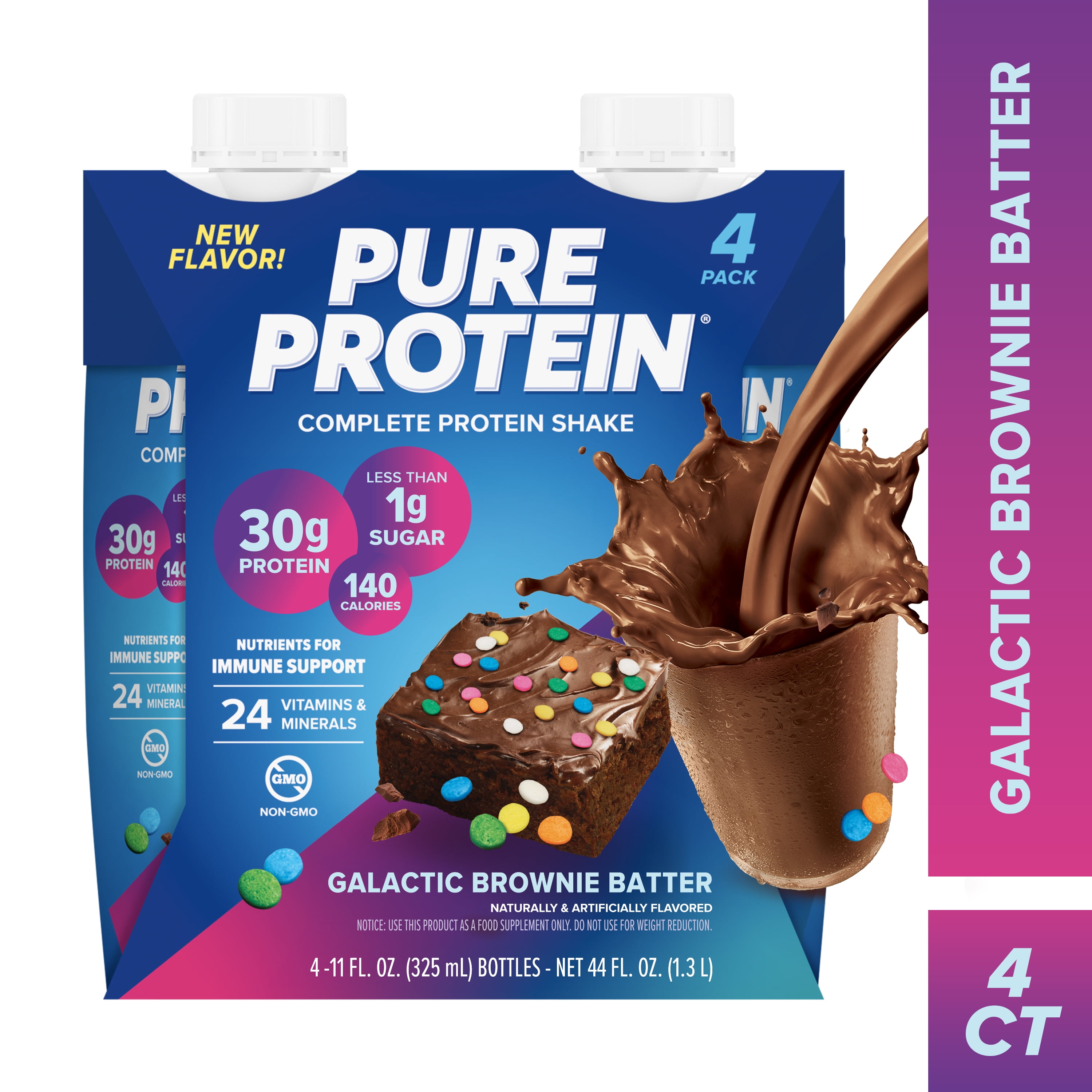 (3 pack) Pure Protein Shake, Galactic Brownie Batter, 30g Protein, 11 fl oz, 4 Count