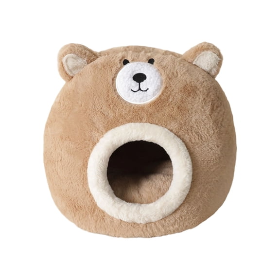 Small Cozy Bear Cat Cave Bed, 34cm Enclosed Cat House for Kittens & Small Cats, Washable Plush Privacy Shelter, Anxiety Relief Pet Bed - Tan & White (40x34cm)