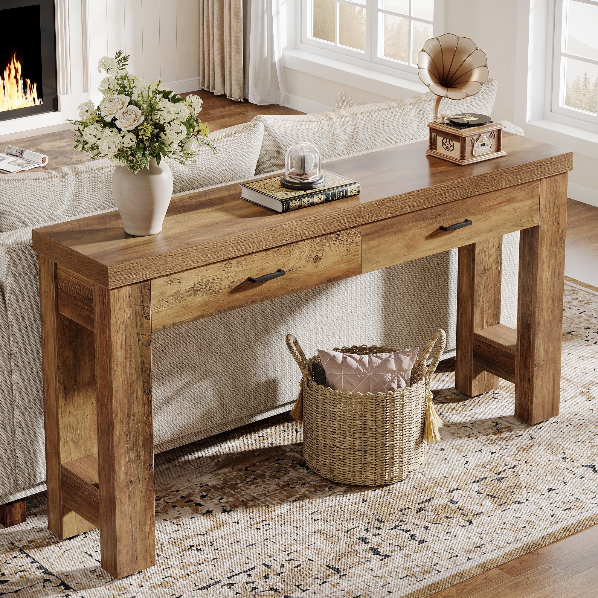 Finmind 63" Console Table: Farmhouse Entryway Table with 2 Drawers & Sturdy H-Shaped Legs for Hallway/Living Room/Bedroom, Rustic Brown