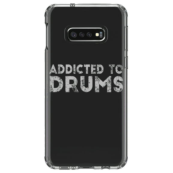 DistinctInk Clear Shockproof Hybrid Case for Samsung Galaxy S10e (5.8" Screen) - TPU Bumper Acrylic Back Tempered Glass Screen Protector - Addicted to Drums