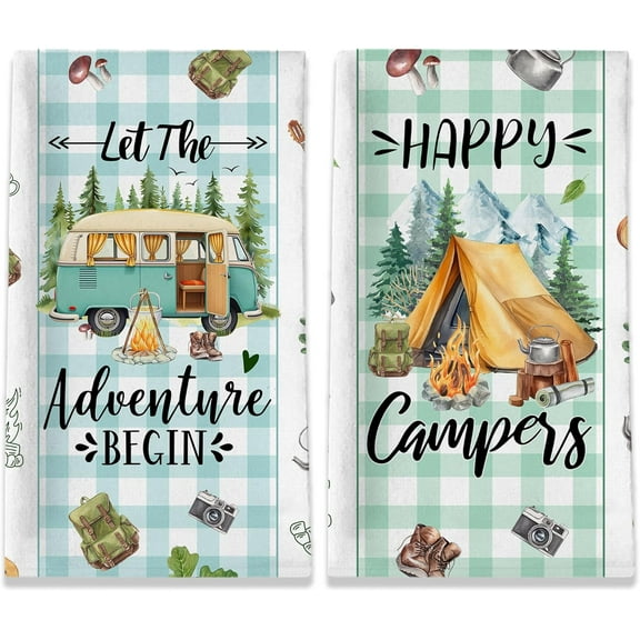 Camping Gifts for Women, Happy Camper Kitchen Towels, Funny Sayings Dish Towels Set of 2 for Camping Lovers, Farmhouse Camping Tent RV Hand Tea Towels for Housewarming Birthday Christmas, 18x26 In
