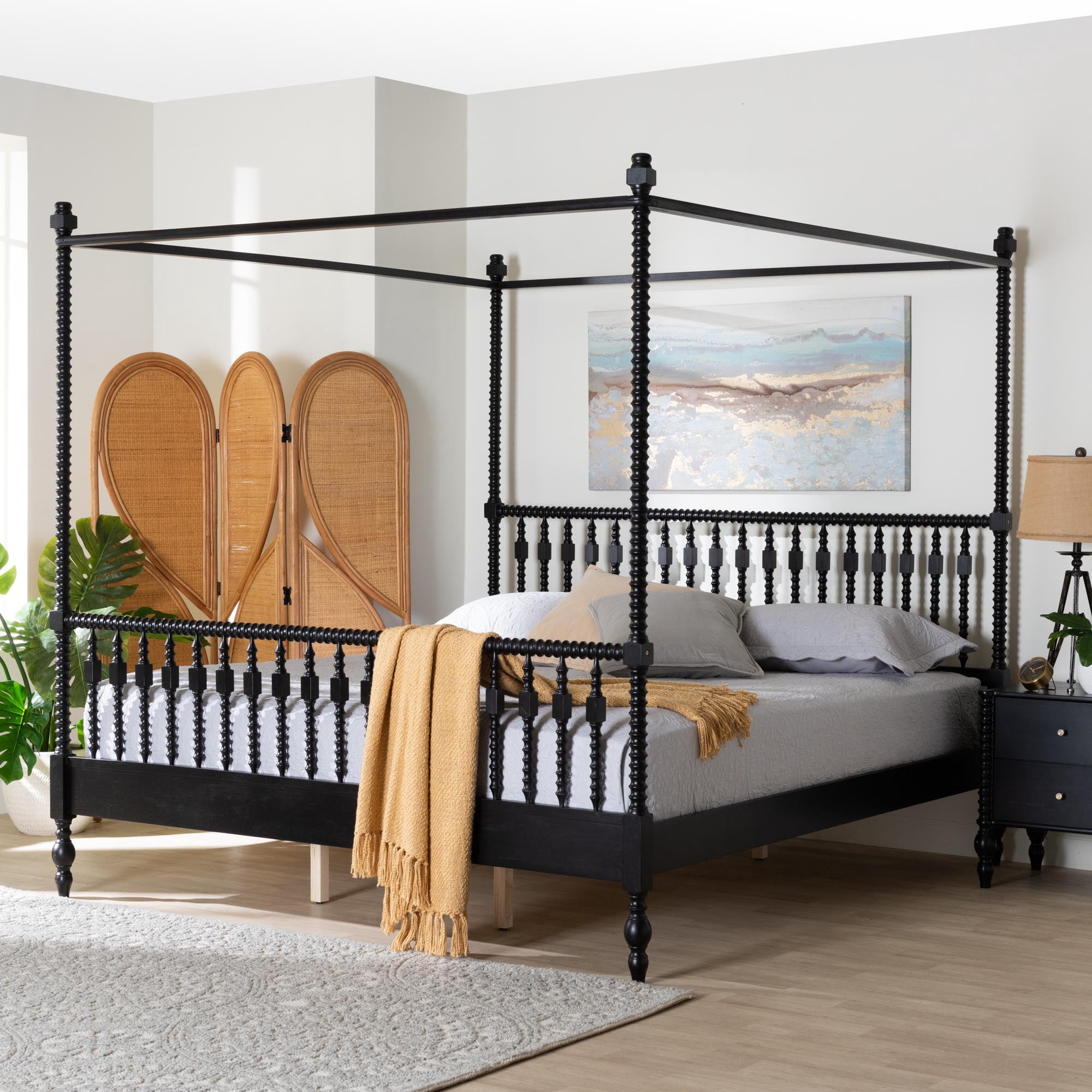 Baxton Studio Callison Farmhouse Canopy Bed, King, Black