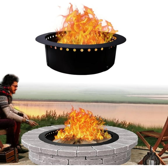 Smokeless Fire Pit Insert - Steel 42" Round Foldable Fire Pit Ring with Air Vents and Coller Support - DIY Fire Ring in or Above Ground for Patio Garden Outdoor Bonfire Camping Accessories
