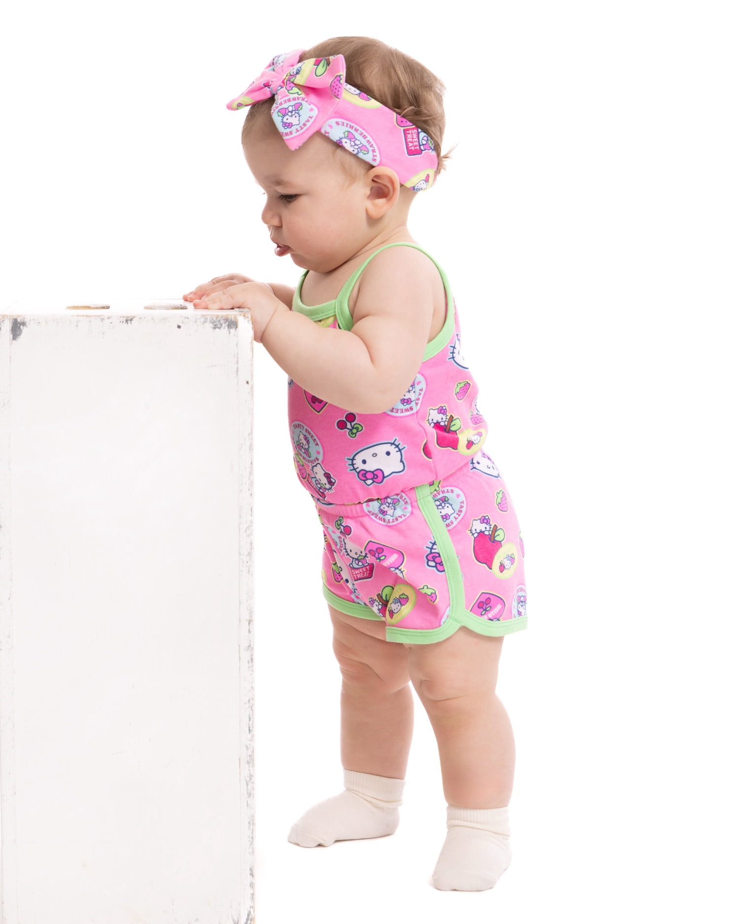 Hello Kitty Baby Girls Spaghetti Strap Print Romper with Matching Bow Headband, Sizes 0/3M-24M