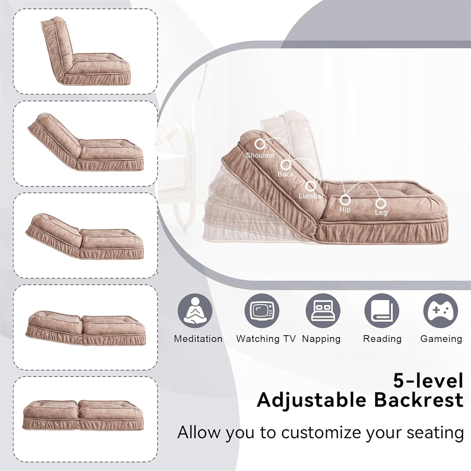 LEHZROAJ Velvet Upholstered Bean Bag Chairs,5-Position Adjustable 2 Soft Pillows Massage Floor Sofa,Multi-Functional  Human Dog Bed for Living Room(Brown)