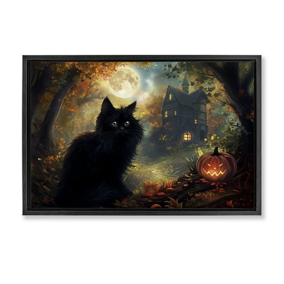 Stupell Industries Black Cat & Haunted Mansion Animals Painting Black Floater Framed Canvas Art Print Wall Art, 25 x 17