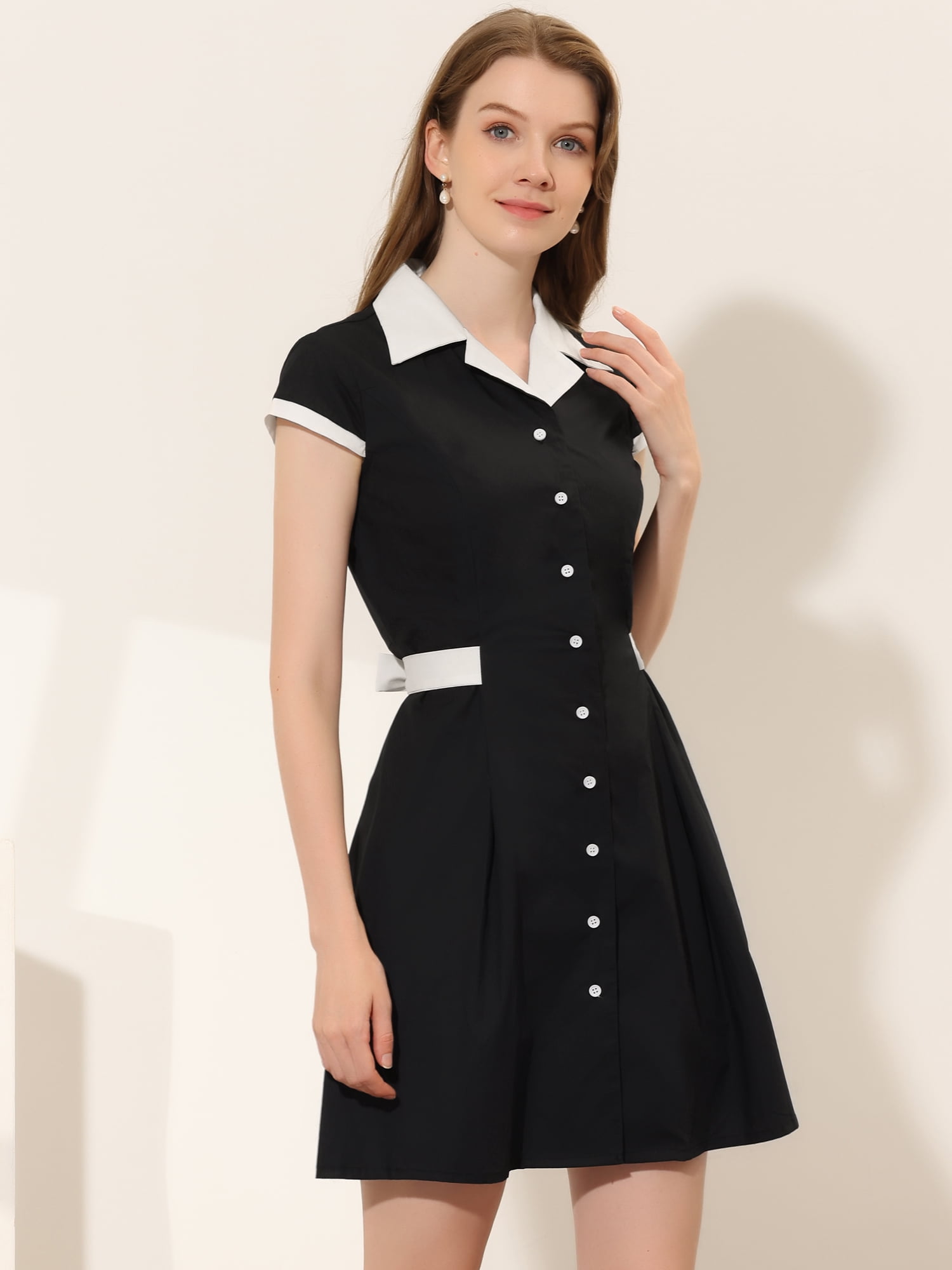 DARING DIVA Belted Contrast Camp Collar A-Line Shirt Dress S Black