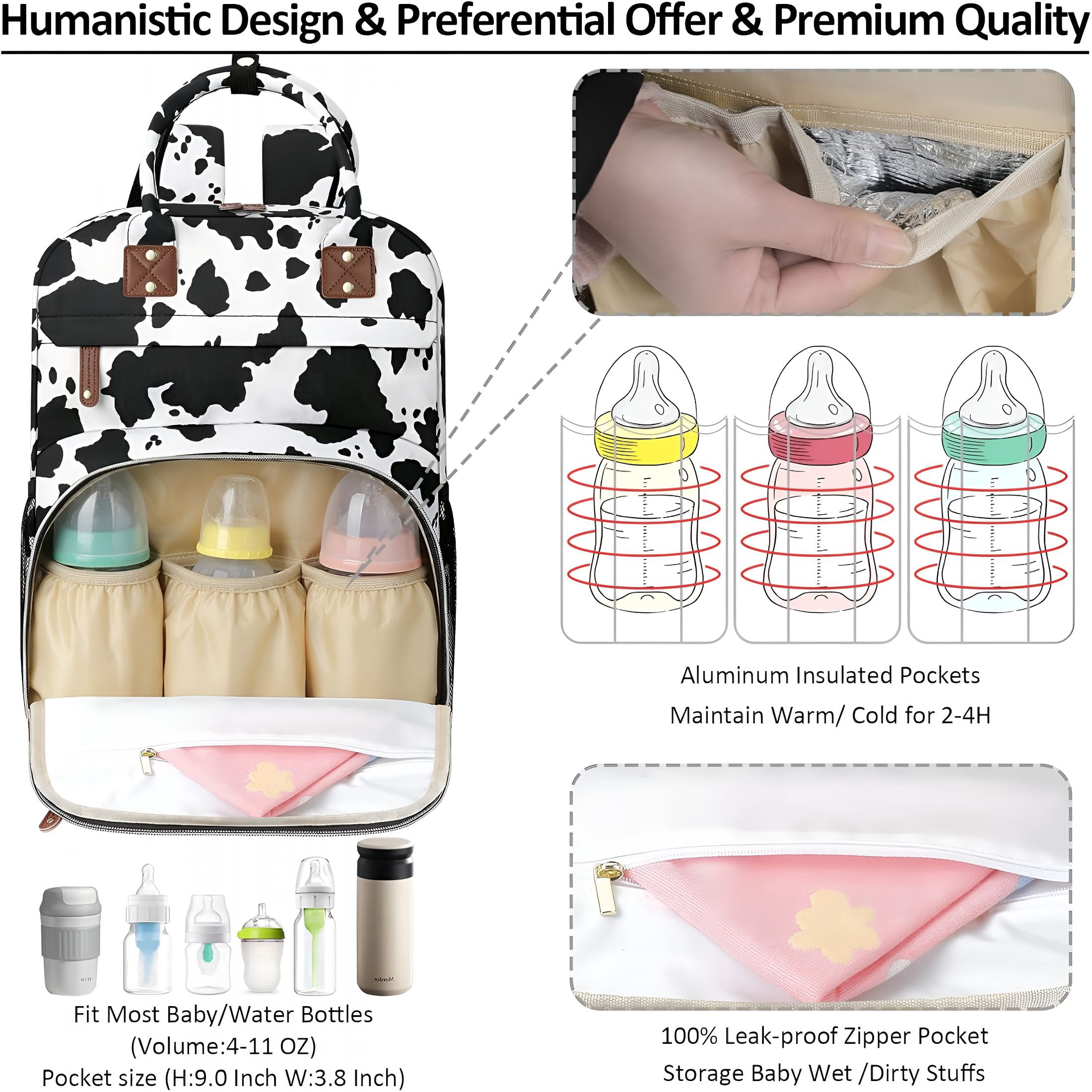 GASTROPOD Large Capacity Baby Diaper Bag Backpack with Insulated Pockets,Waterproof,Stylish Cow Print Design,Suitable for Boys and Girls