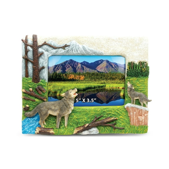 CoTa Global Wolf 5" x 3.5" Photo Frame Handcrafted Resin Picture Holder w/ Easel Back Wild Animal in Forest Novelty Jungle Theme Frame Bright & Unique Polyresin Wall & Desk Wild Life Decorative Frame