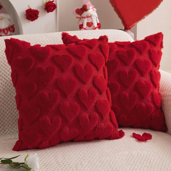 Valentines Day Pillow Covers 17.7x17.7 inch Set of 2 Soft Plush Faux Fur Love-Heart Jacquard Decorative Cushion Case for Valentines Day Decorations, Bedroom Sofa Holiday Festivals Home Decor, Red