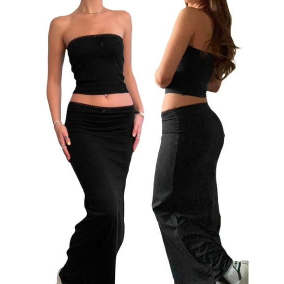 Baby Sweetie Two Piece Skirt Outfits for Women Lace Trim Strapless Tube Top Bodycon Long Skirt Summer Streetwear Vacation Set