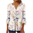 thumbnail image 1 of Pompotops Tunique Décontractée à Manches 3/4 Imprimée Florale Col en V pour Femmes Chemises Basiques d'Été Blouse Plissée Liquidation, 1 of 5