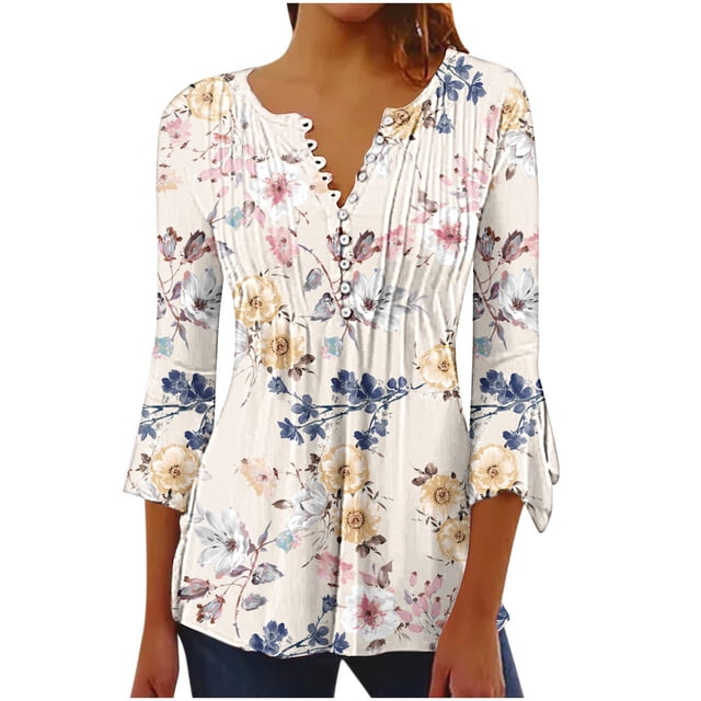 Pompotops Tunique Décontractée à Manches 3/4 Imprimée Florale Col en V pour Femmes Chemises Basiques d'Été Blouse Plissée Liquidation
