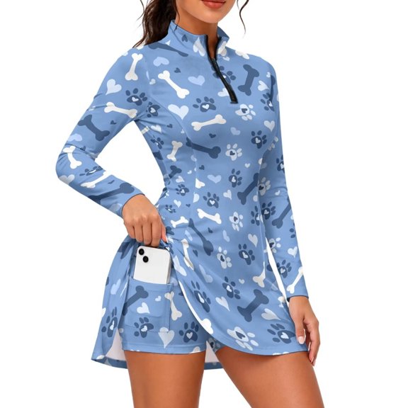 Aplkyhs Blue Bone Heart Tennis Dresses for Women with Pockets Built-in Shorts Two Piece Athletic Workout Outfit Golf Dress Set Great for Long Days Outdoor Sport Moisture Wicking