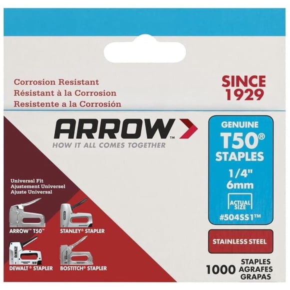 Staples Arrow Fastener 504SS1 T50 de acero inoxidable, paquete de 1000