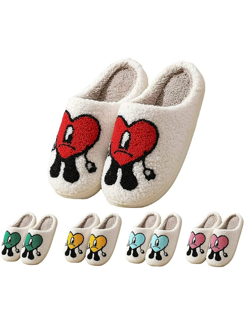 Lankey Bad Bunny Slippers for Women and Men Fluffy Home Slippers Non-Slip Couple Love Heart Shoes Anti-Skid Cozy Fleece House Slip-on Slipper for Unisex -