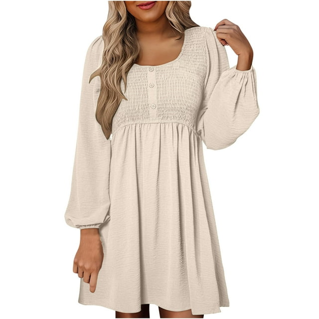Women's Dress, Long Sleeve Round Neck Casual Dress, Solid Color Polyester Dress for Daily Wear