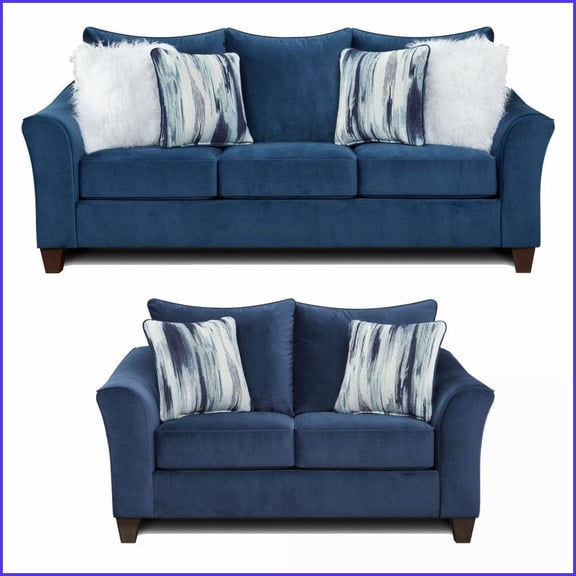 Camero 2-Piece Navy Blue Sofa & Loveseat Set Casual-Chic Pillowback Fabric for Living Rooms | Navy Blue | Pillow Back | Wood