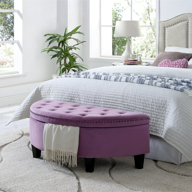 Inspired Home Ottoman de Rangement en Velours Libby Demi-Lune Capitonné avec Clous, Mauve