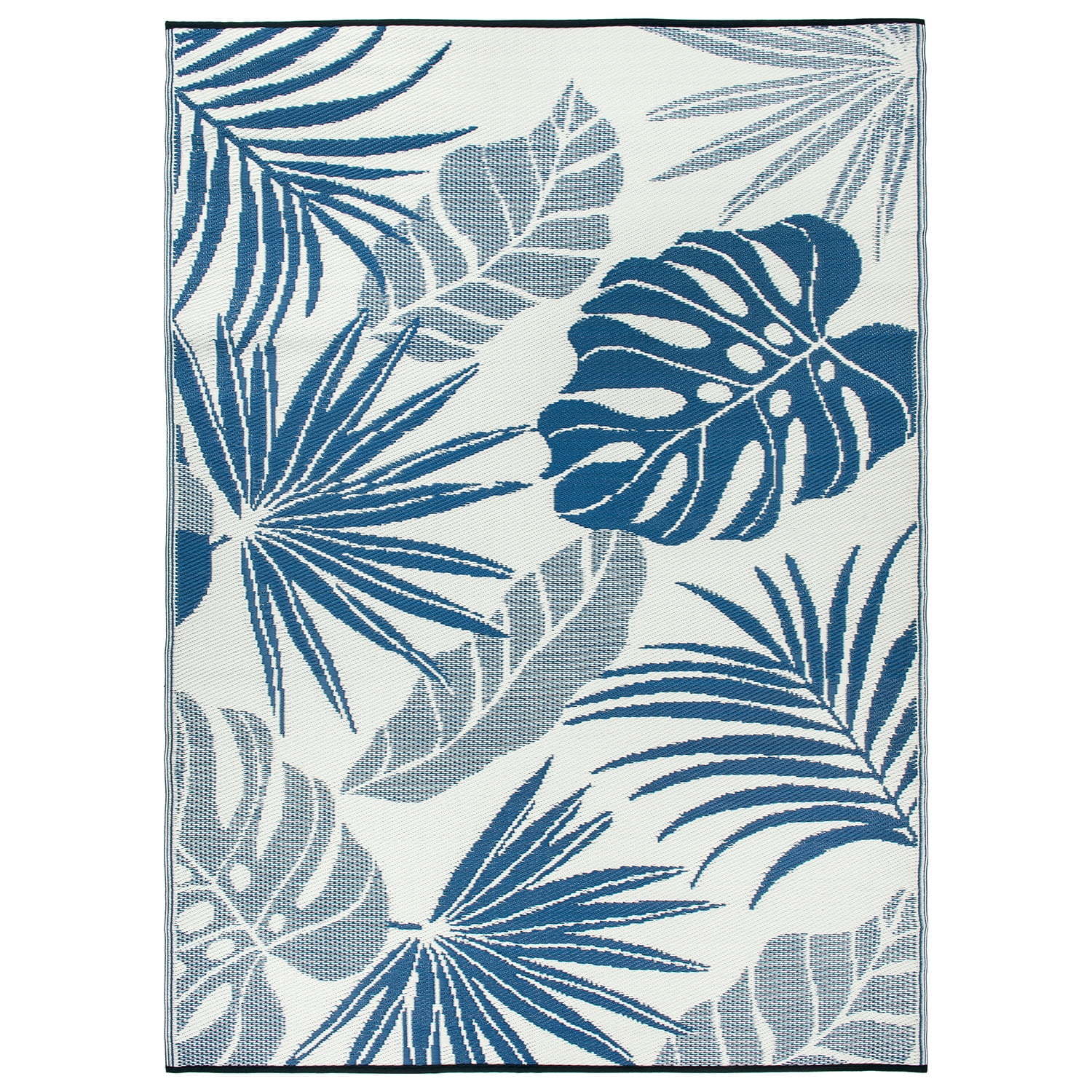 World Rug Gallery Tropical Floral Leaf Reversible Recycled Plastic Outdoor Picnic Mat, Camping Rug, RV Rug - NAVY 5'x7'