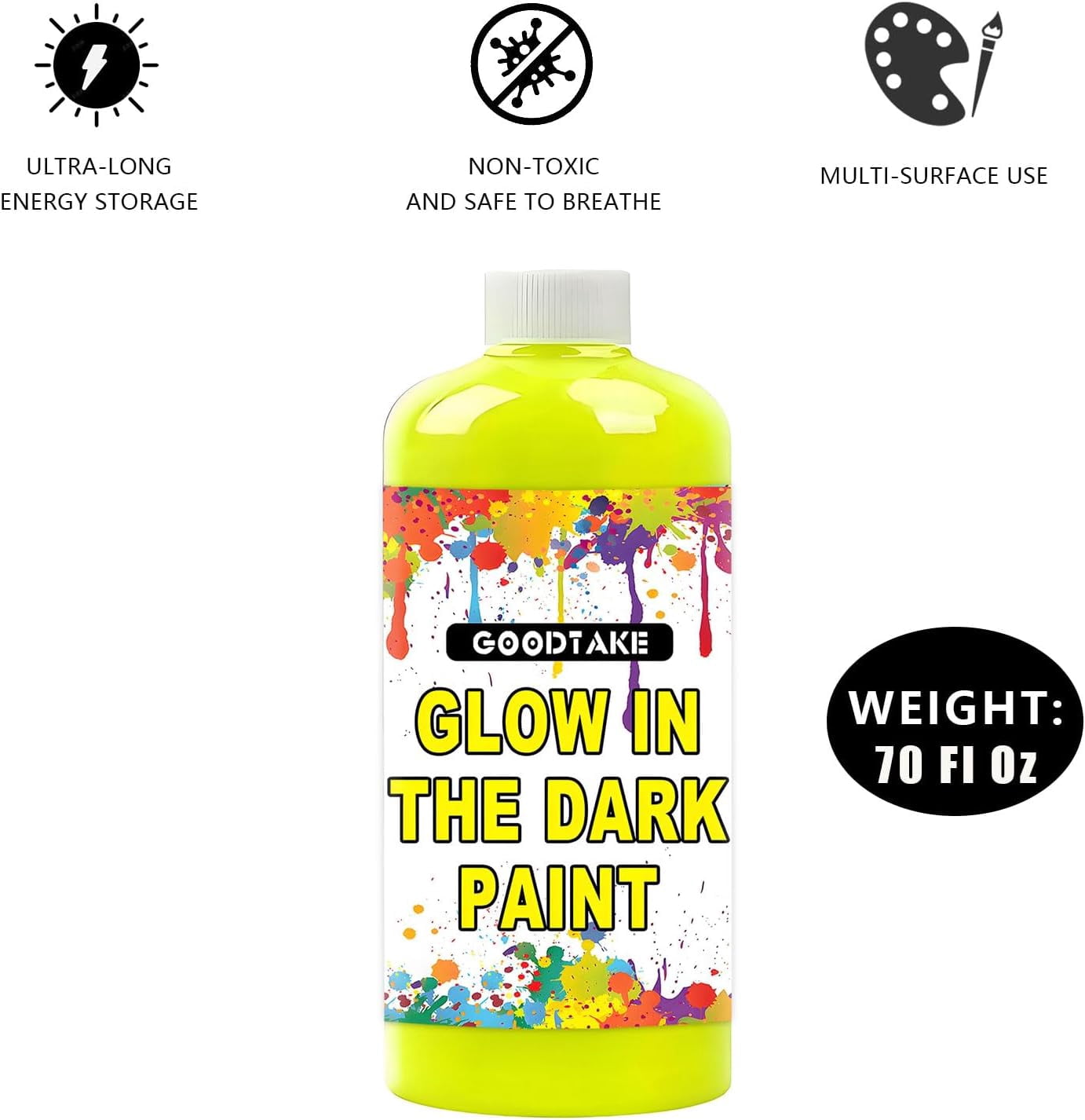GOODTAKE Glow In The Dark Paint - 2000ml (70 oz) HUGE Bulk Size - Non-Toxic Neon & Vivid Colors - Glow Paint for Crafts, Halloween, Blacklight, UV Party, Nails, Body, Fabric, Walls (Yellow, 70 Fl Oz)