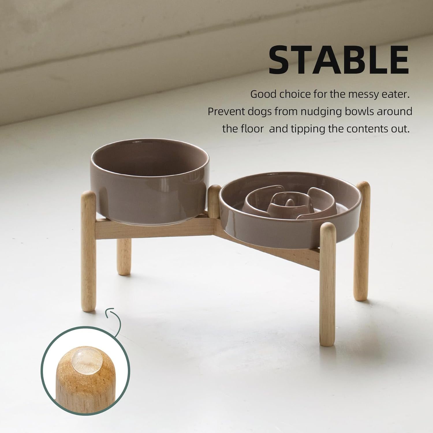 Ceramic 1.2 Cup Raised Slow Feeder Dog Bowl Set, Elevated 6.1inch Bowl and 7.3inch Puzzle Slow Food Dish with Wooden Stand for Medium and Small Dog, Anti-Gulping (2 x Brown Coffee+ Stand)