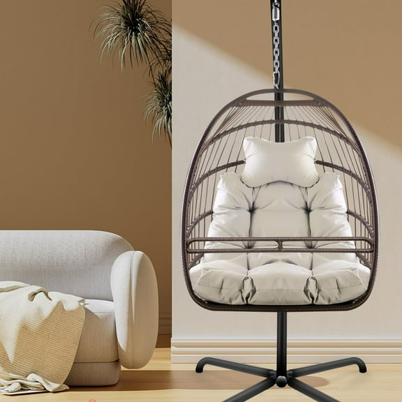 [Luckynote]Swing Egg Chair with Stand Indoor Outdoor Wicker Rattan Patio Basket Hanging Chair with C Type bracket , with cushion and pillow,Patio Wicker folding Hanging Chair
