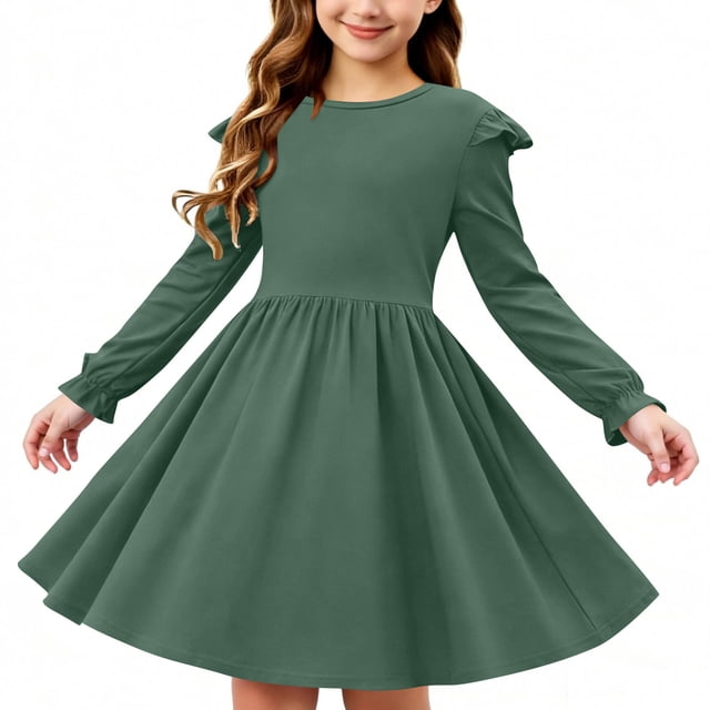 Vestido elástico de manga larga para niñas, estilo patinador, con volantes, estilo línea A, para recital escolar, de manga larga y cuello redondo, de poliéster.