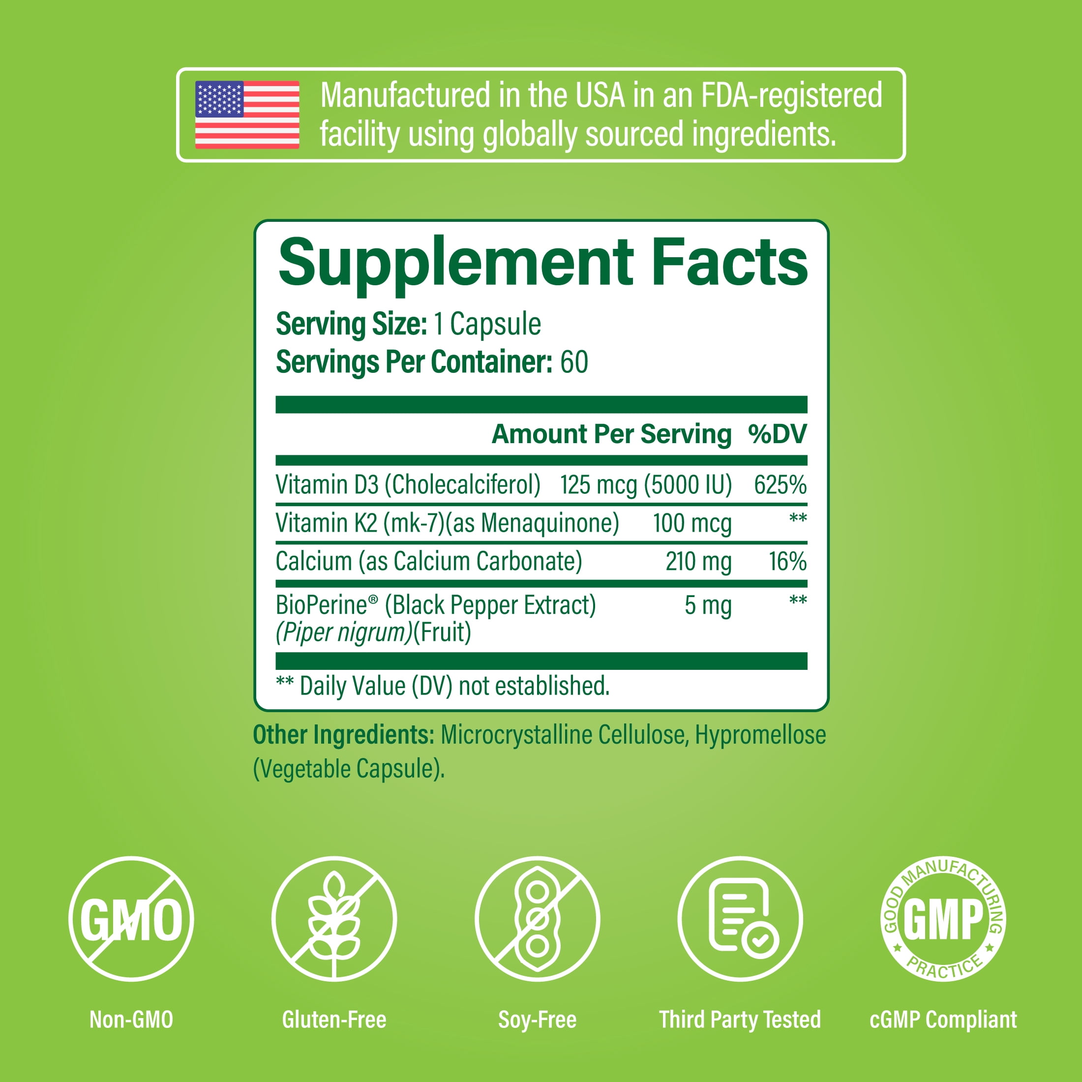 Noophoric Vitamin D3 K2 5000 IU Supplement with Calcium, BioPerine - Non-GMO, 360 Capsules (6 Pack)