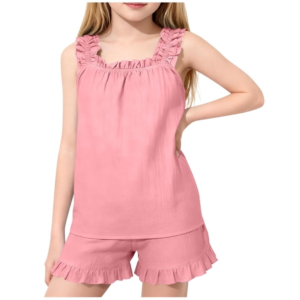 Camisola de Cuello Redondo sin Mangas Casual Y Pantalones Cortos de Estilo de Chicas con Correas Y Doblados Acanalados, Tela Suave Transpirable, Traje de Dos Piezas de Color Sólido
