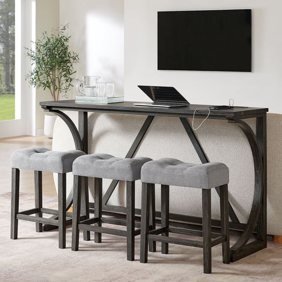 CQSXDA 4 Piece Bar Table And Chair Set, 59 Inch Dining Table With 3 Upholstered Stools With Power Outlet For Home Entertaining, Black