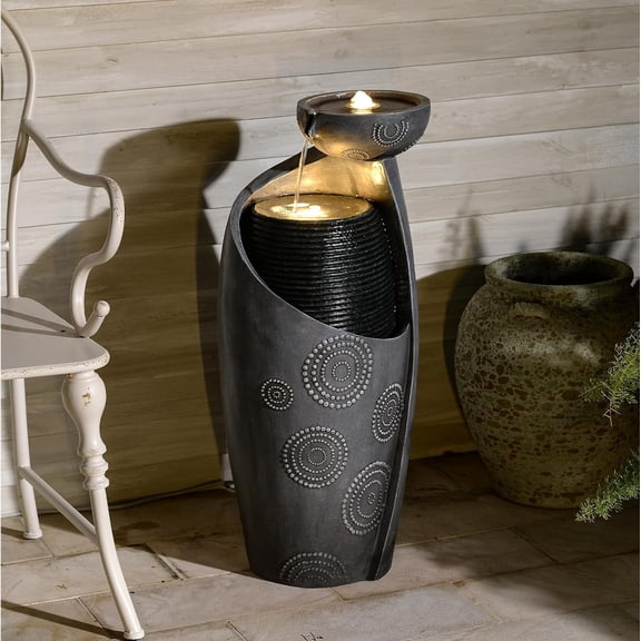 Outdoor Water Fountain Feature Indoor Garden Large Jar Floor Standing Fountains Waterfall with LED Light & Pump for Home Decor Office Yard Patio Deck Porch, 32 inches,Gray