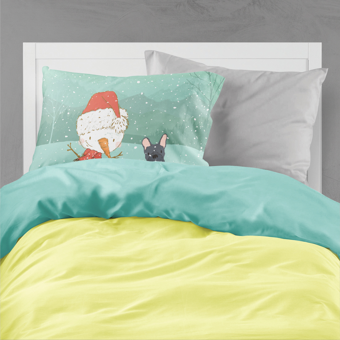 Black French Bulldog Snowman Christmas Fabric Standard Pillowcase