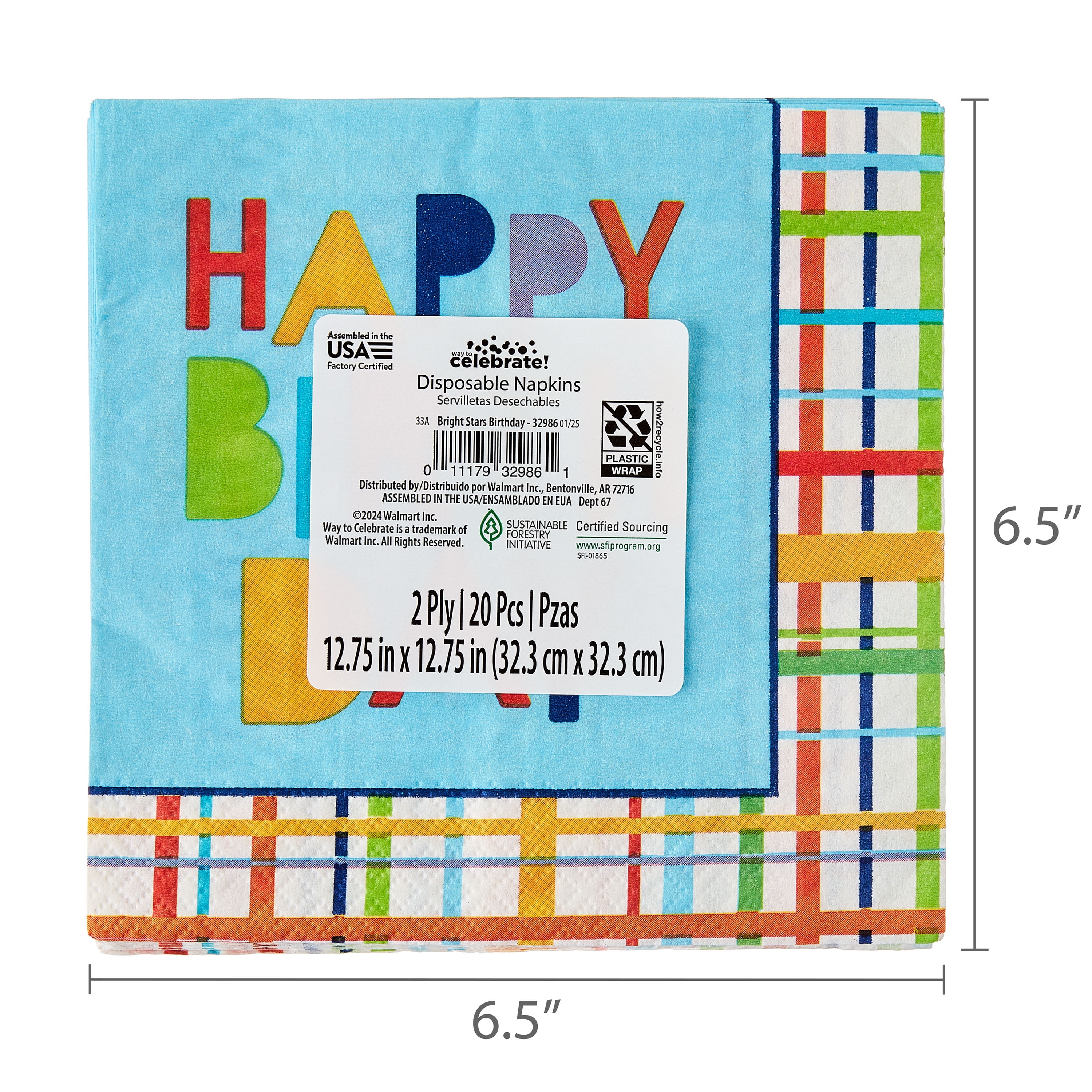12.75" x 12.75" Disposable Multicolor Happy Birthday Paper Napkins, 20 Pieces, by Way To Celebrate