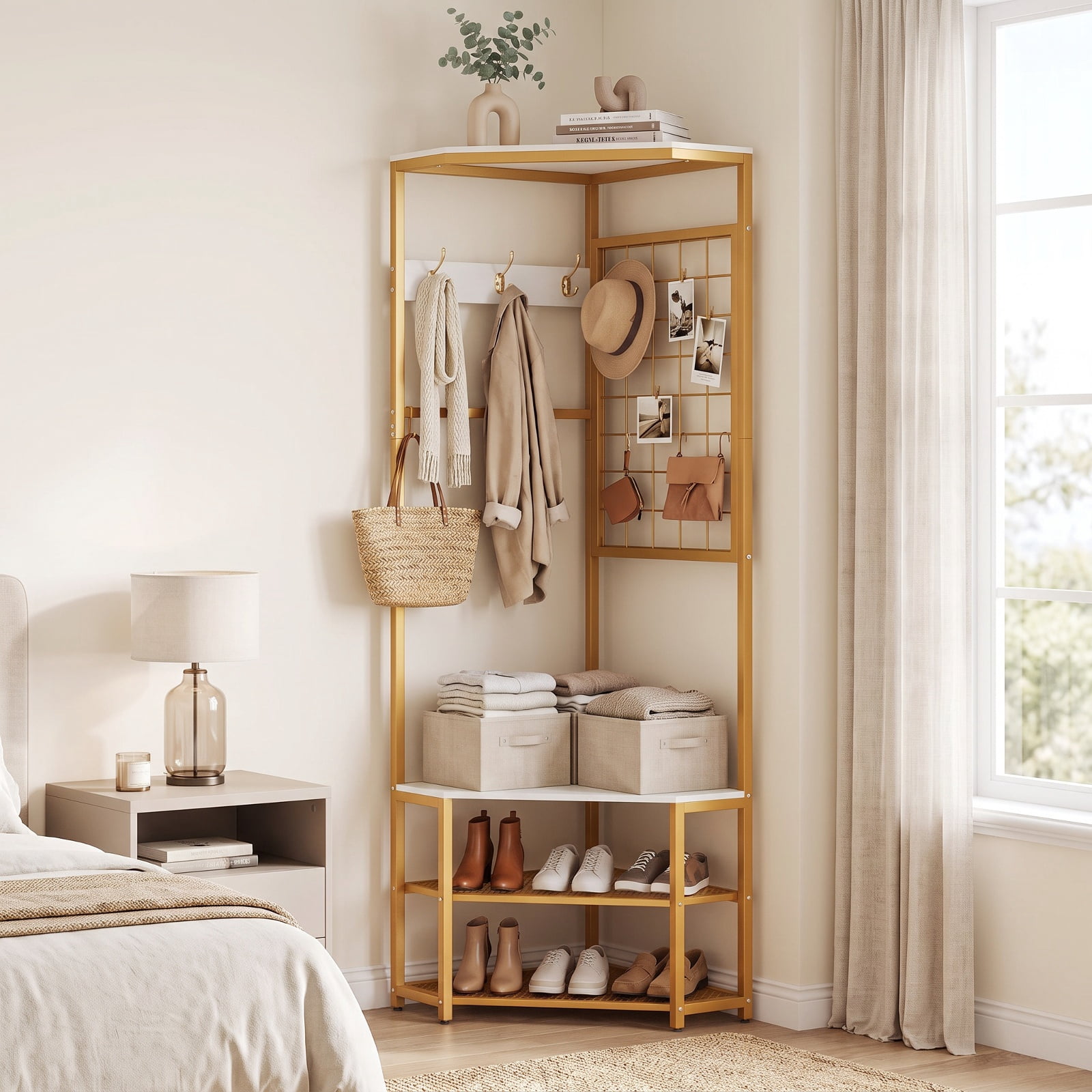 Furnibear Corner Freestanding Hall Tree Coat Rack with Storage Shelves and Removable Hooks for Entryway and Bedroom, White