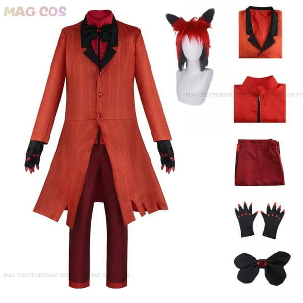 Hazbin-uniforme de ALASTOR de Hotel para hombre y mujer, disfraz de Cosplay con Peluca de Radio, traje rojo de demonio, conjunto de muñecas para fiesta de Halloween