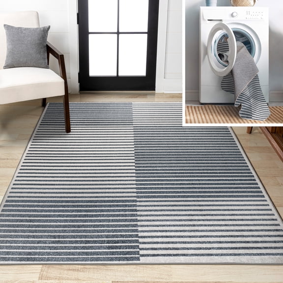 JONATHAN Y WASHABLE 5 x 8 Area Rug, Shutter Minimalist Striped Plaid - Dark Gray/Cream, WSH305A-5